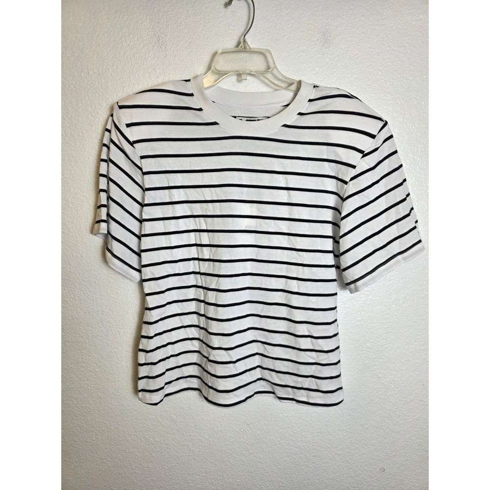 KBB by Kahlana Women White Black Striped Short Sleeve Cotton T-Shirt L
